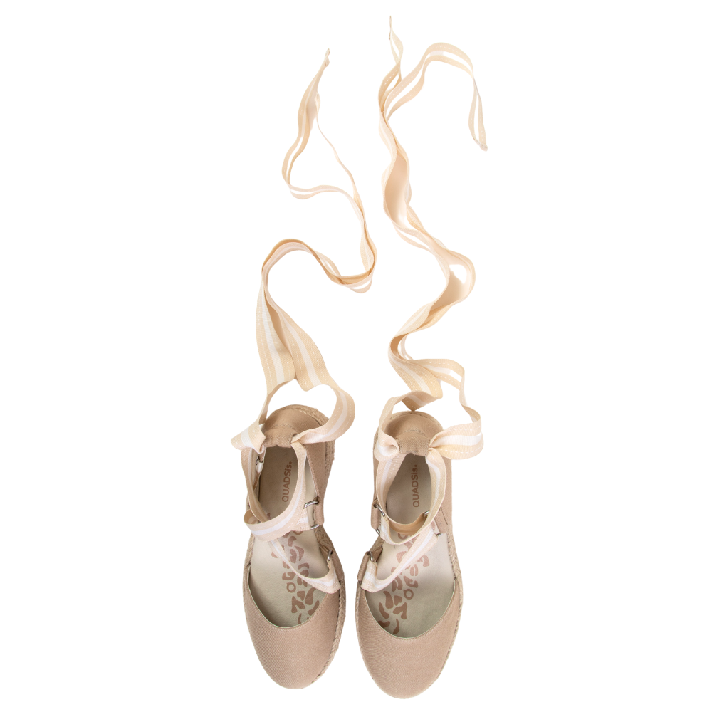 QUADSis Elaine Too Espadrille Wedge. Comfortable, sustainable, low heel wedge with adjustable grosgrain ribbon and jute wrap. Canvas. Chambray, Green Apple, Black, Sand and Pink.