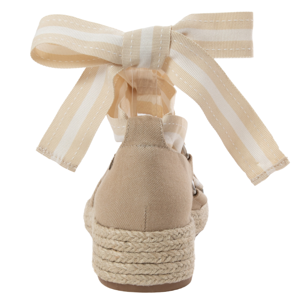 QUADSis Elaine Too Espadrille Wedge. Comfortable, sustainable, low heel wedge with adjustable grosgrain ribbon and jute wrap. Canvas. Chambray, Green Apple, Black, Sand and Pink.
