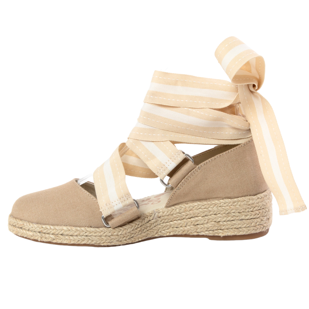 QUADSis Elaine Too Espadrille Wedge. Comfortable, sustainable, low heel wedge with adjustable grosgrain ribbon and jute wrap. Canvas. Chambray, Green Apple, Black, Sand and Pink.