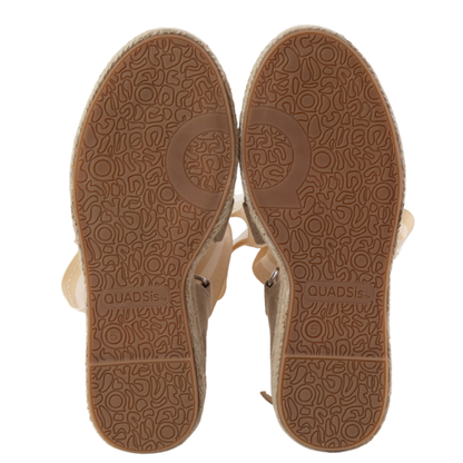 QUADSis Elaine Too Espadrille Wedge. Comfortable, sustainable, low heel wedge with adjustable grosgrain ribbon and jute wrap. Canvas. Chambray, Green Apple, Black, Sand and Pink.