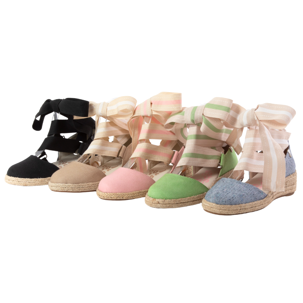 QUADSis Elaine Too Espadrille Wedge. Comfortable, sustainable, low heel wedge with adjustable grosgrain ribbon and jute wrap. Canvas. Chambray, Green Apple, Black, Sand and Pink.