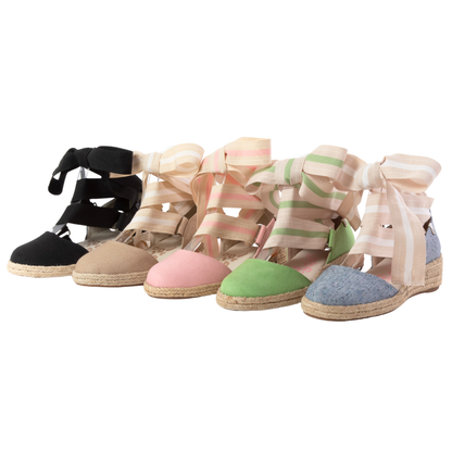 QUADSis Elaine Too Espadrille Wedge. Comfortable, sustainable, low heel wedge with adjustable grosgrain ribbon and jute wrap. Canvas. Chambray, Green Apple, Black, Sand and Pink.