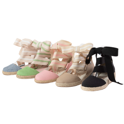 QUADSis Elaine Too Espadrille Wedge. Comfortable, sustainable, low heel wedge with adjustable grosgrain ribbon and jute wrap. Canvas. Chambray, Green Apple, Black, Sand and Pink.