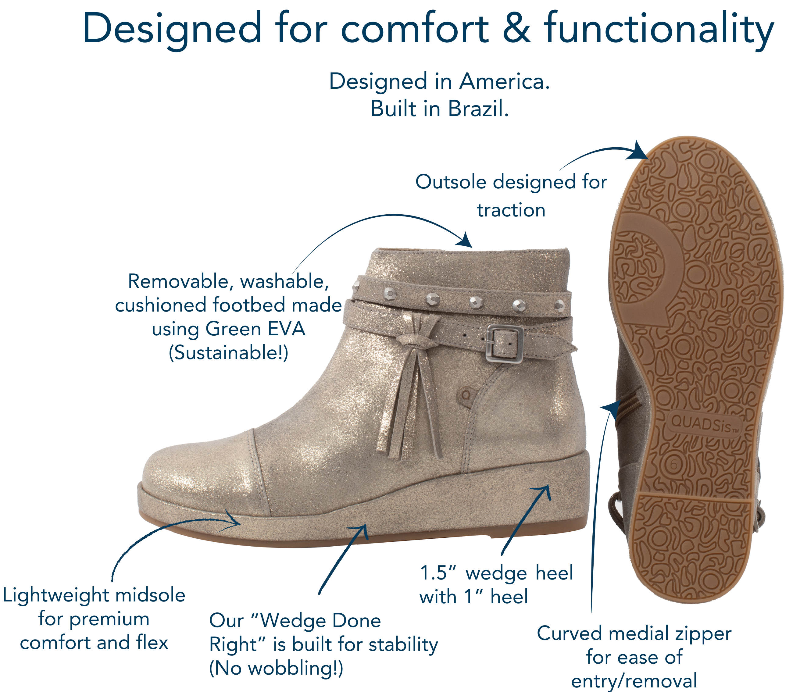 QUADSis Katherine Bootie Black. Comfortable, sustainable, lightweight, low heel bootie with removable strap and side entry zipper. Genuine leather in black and gilver shimmer suede.